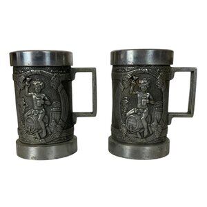 Vintage Pewter Mini Steins Set Of 2 Embossed Bacchus Design Collectible Barware